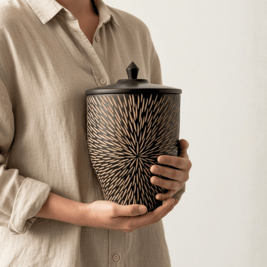Holding the unique wooden urn Luminance - Afterlife Vessel