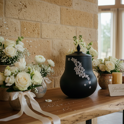 Celestial Bloom urn memorial with white roses and elegant ribbons