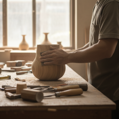 Craftsman sanding celestial bloom urn with hand in front