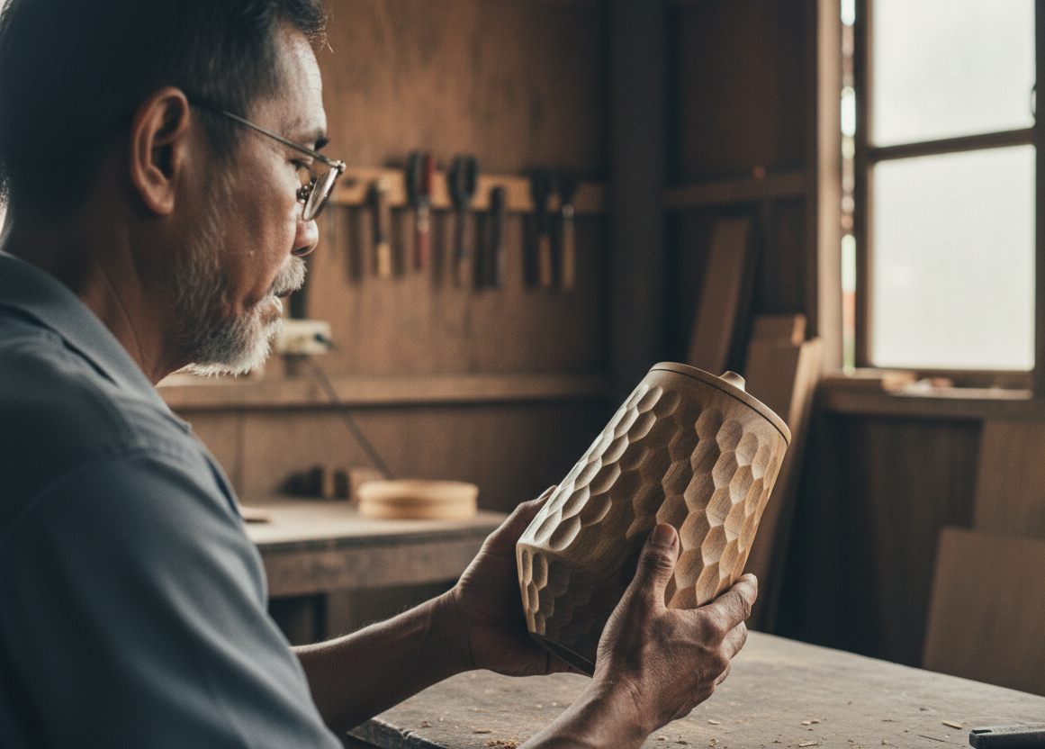 Elderly Thai craftsman with glasses and beard inspecting walnut-stained Tessera urn