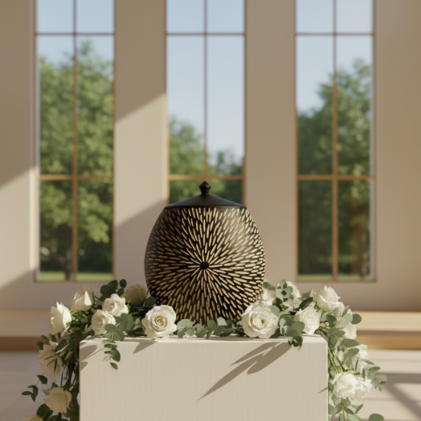 Radiance urn memorial with white roses