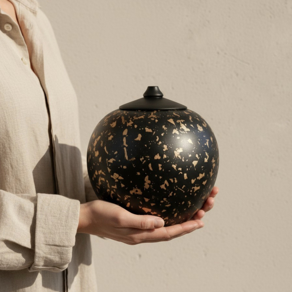 Solstice handcrafted luxury urn with gold leaf accents
