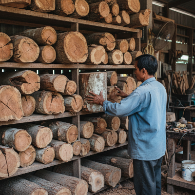 Thai woodworker with thick irregular mango wood logs